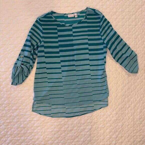 Kim Rogers Teal Striped Tunic Top, Size Large, Roll Sleeve Pullover Shirt - Picture 1 of 8